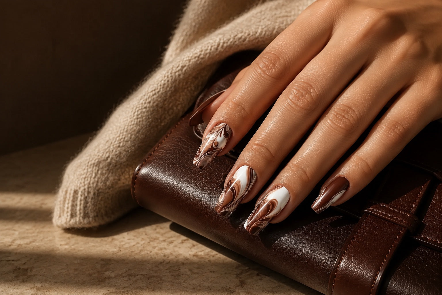 Mocha marble manicure styled with soft knitwear and a chocolate leather bag