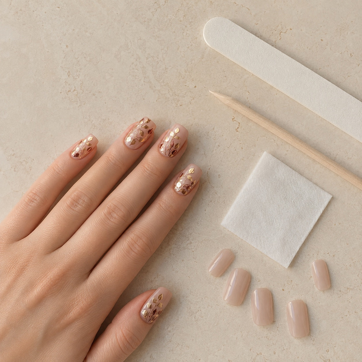 Press-on manicure preparation with a file, wooden cuticle stick, and prep pad