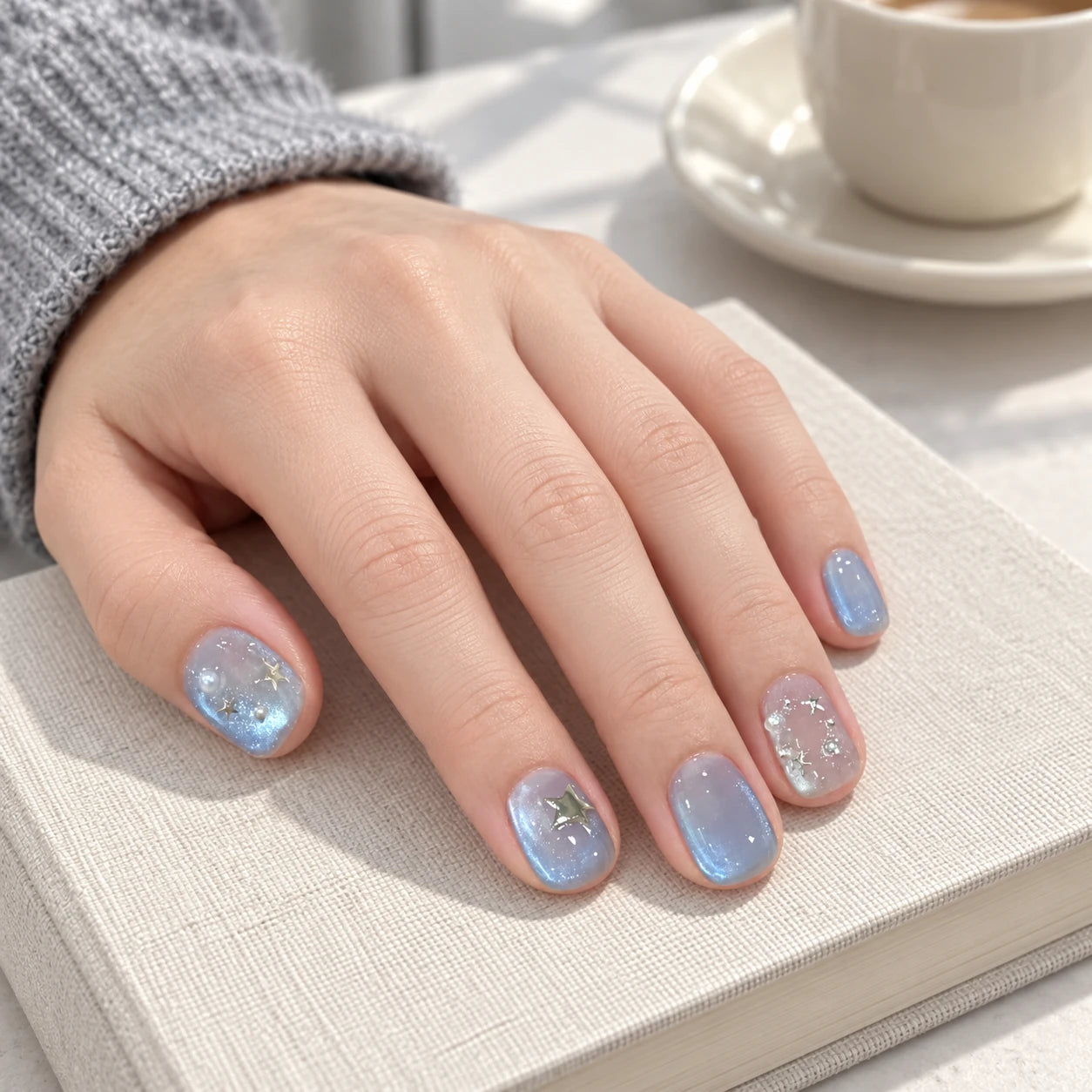 Blue Daydream press-on nails worn on hand