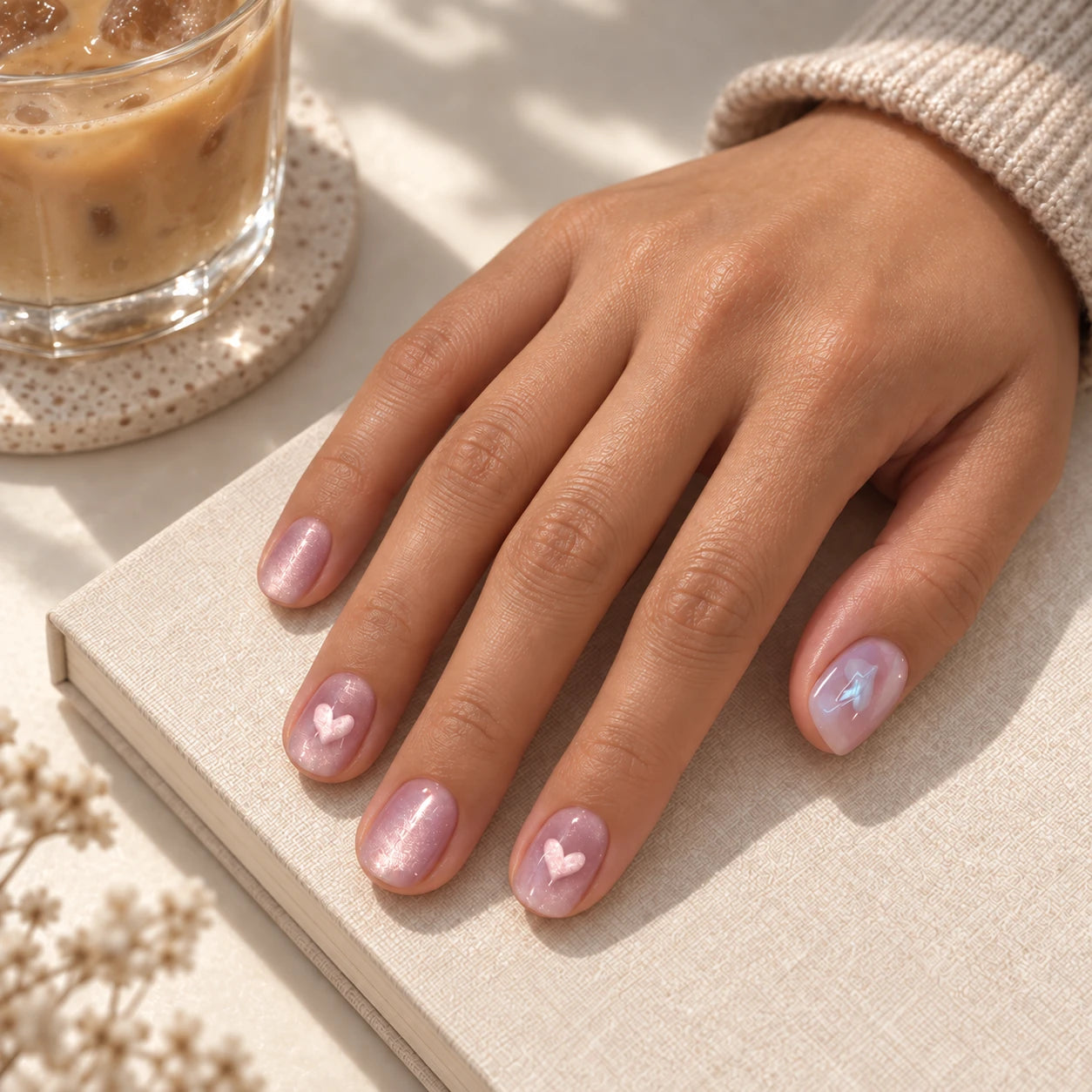 Heart Cloud press-on nails worn on hand