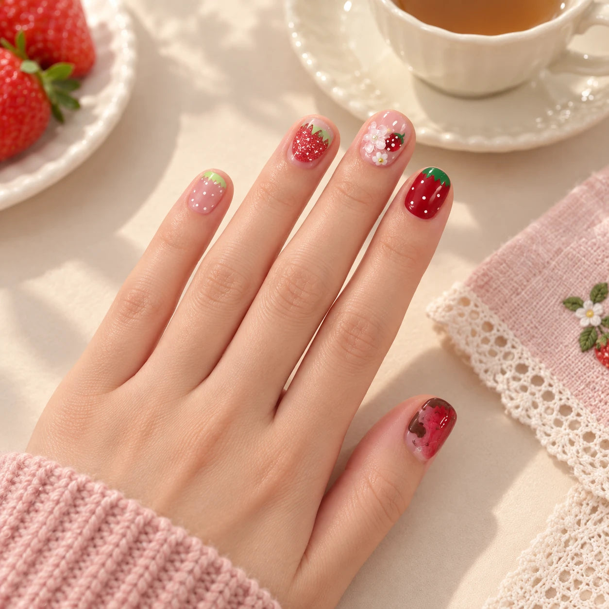 Strawberry Milk press-on nails worn on hand